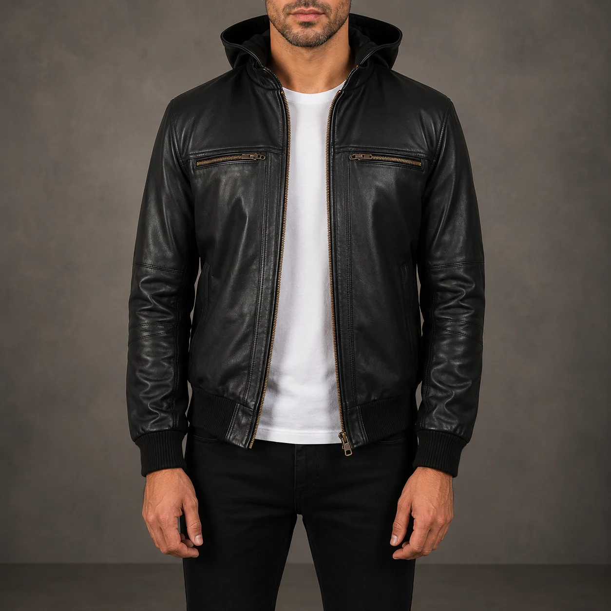 Everett Black Leather Bomber Jacket