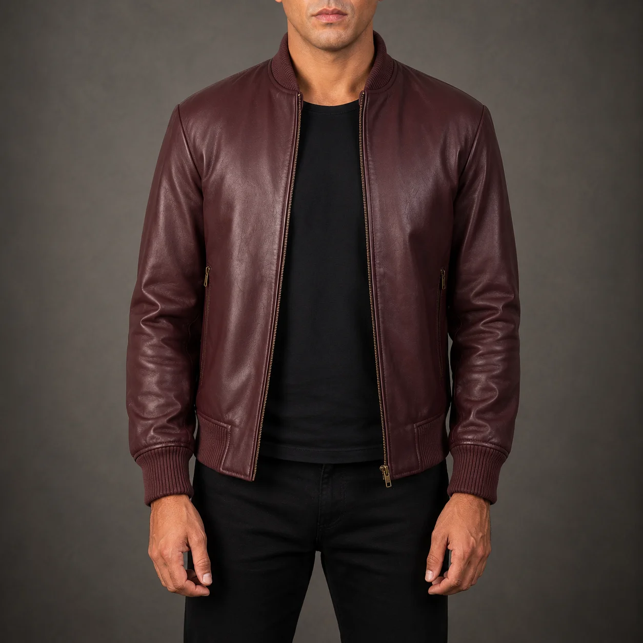 Men's Shane maroon leather bomber jacket crafted from premium genuine leather featuring a rich maroon finish, classic bomber silhouette, ribbed cuffs, durable construction, and refined everyday style by Jonny N Guys