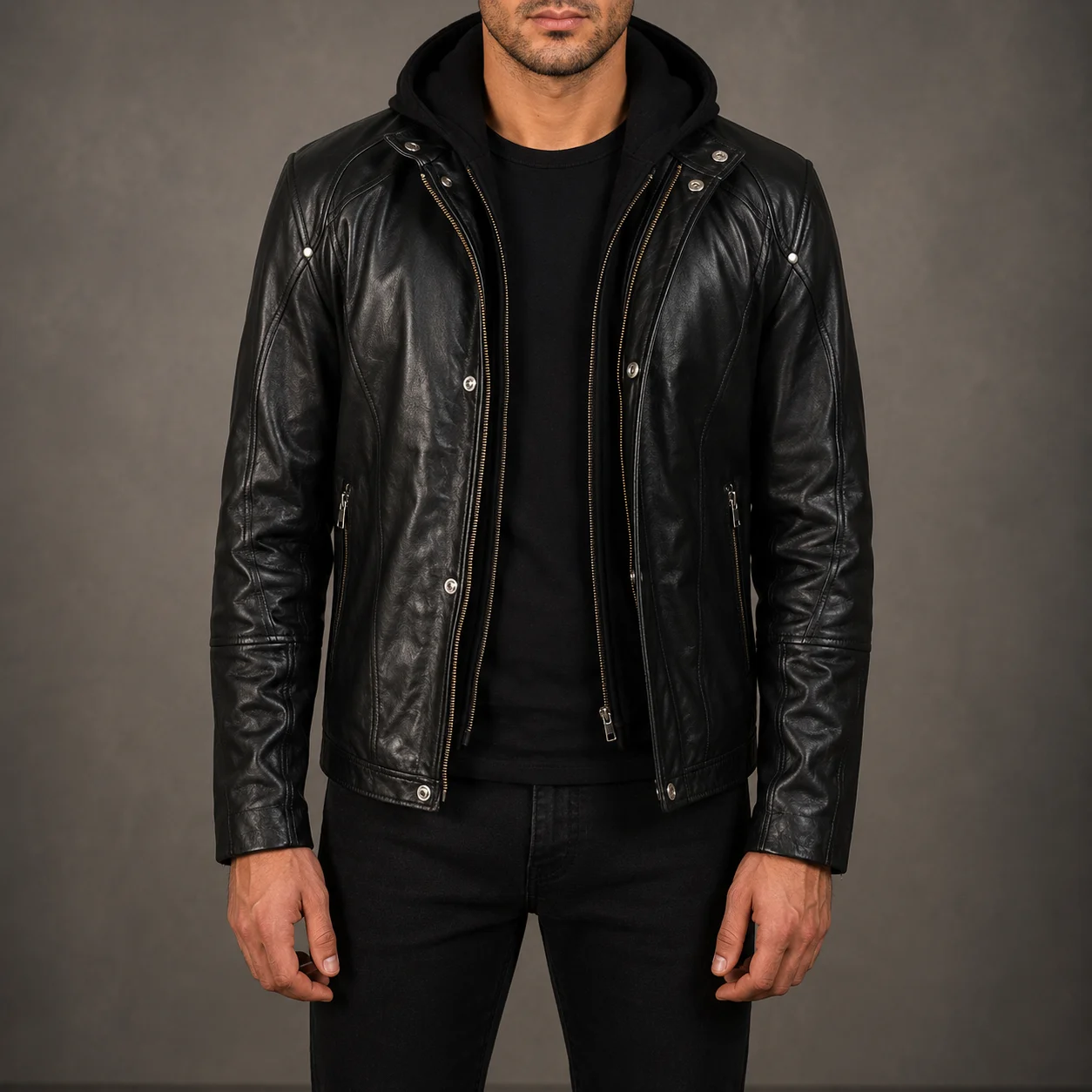 Men's Highschool black hooded leather jacket crafted from premium genuine leather featuring an attached hood, sleek black finish, modern silhouette, durable construction, and stylish everyday wear by Jonny N Guys