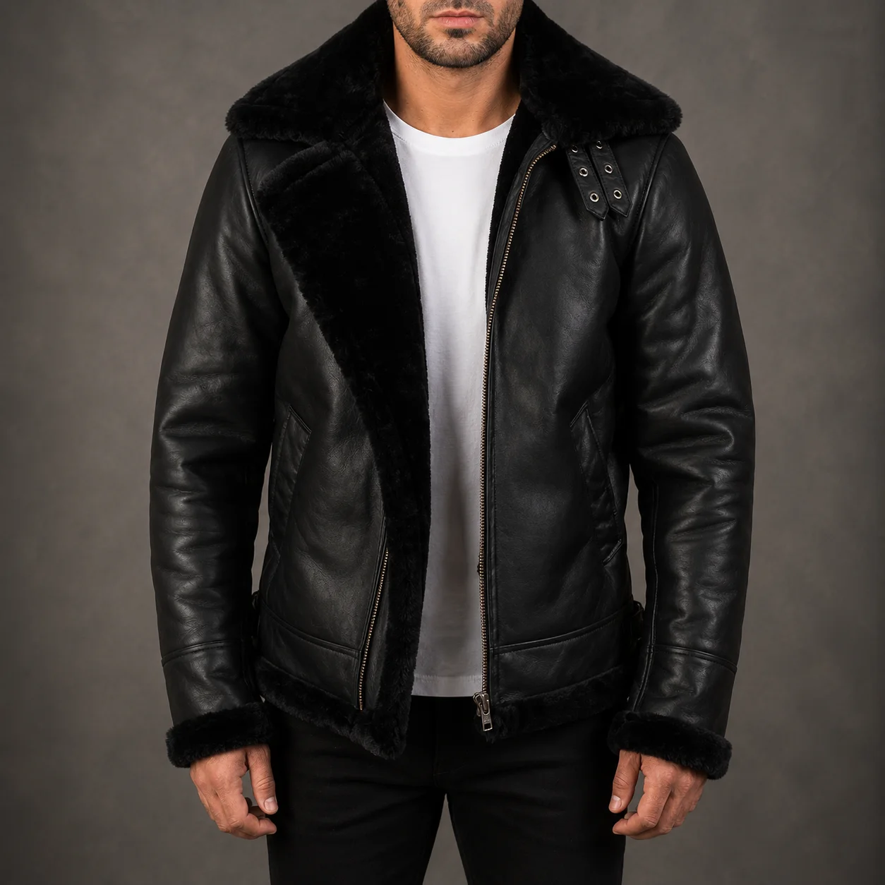 Men's Hudson B-3 Black Leather Bomber Jacket crafted from premium genuine leather featuring a classic B-3 flight-inspired silhouette, sleek black finish, durable construction, and timeless everyday style by Jonny N Guys