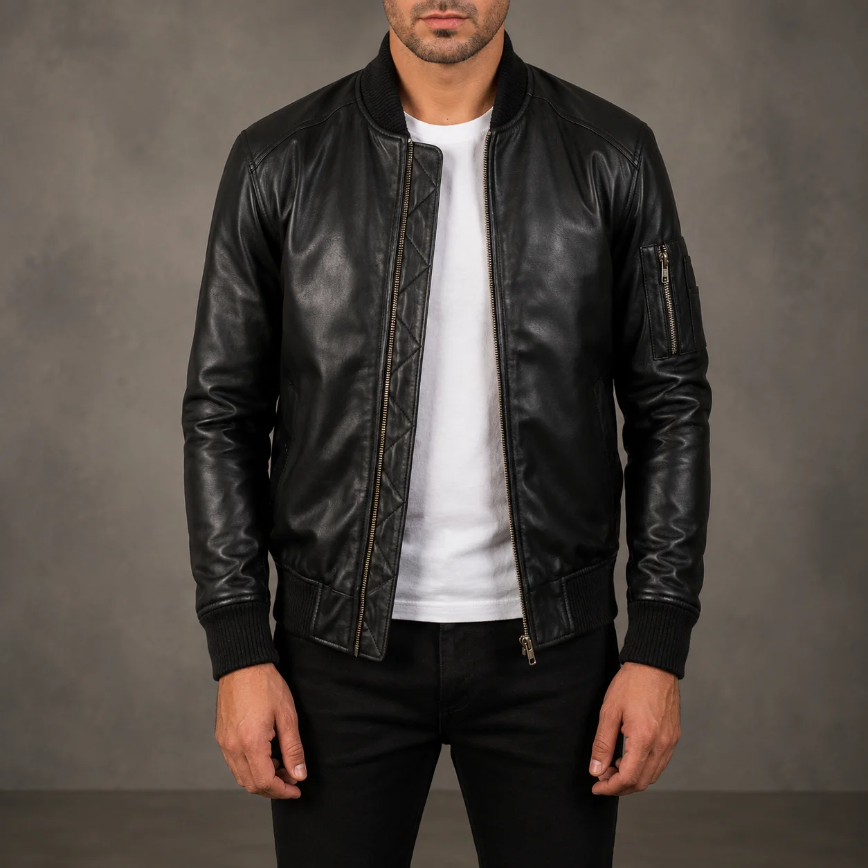 Bomia MA-1 Black Leather Bomber Jacket