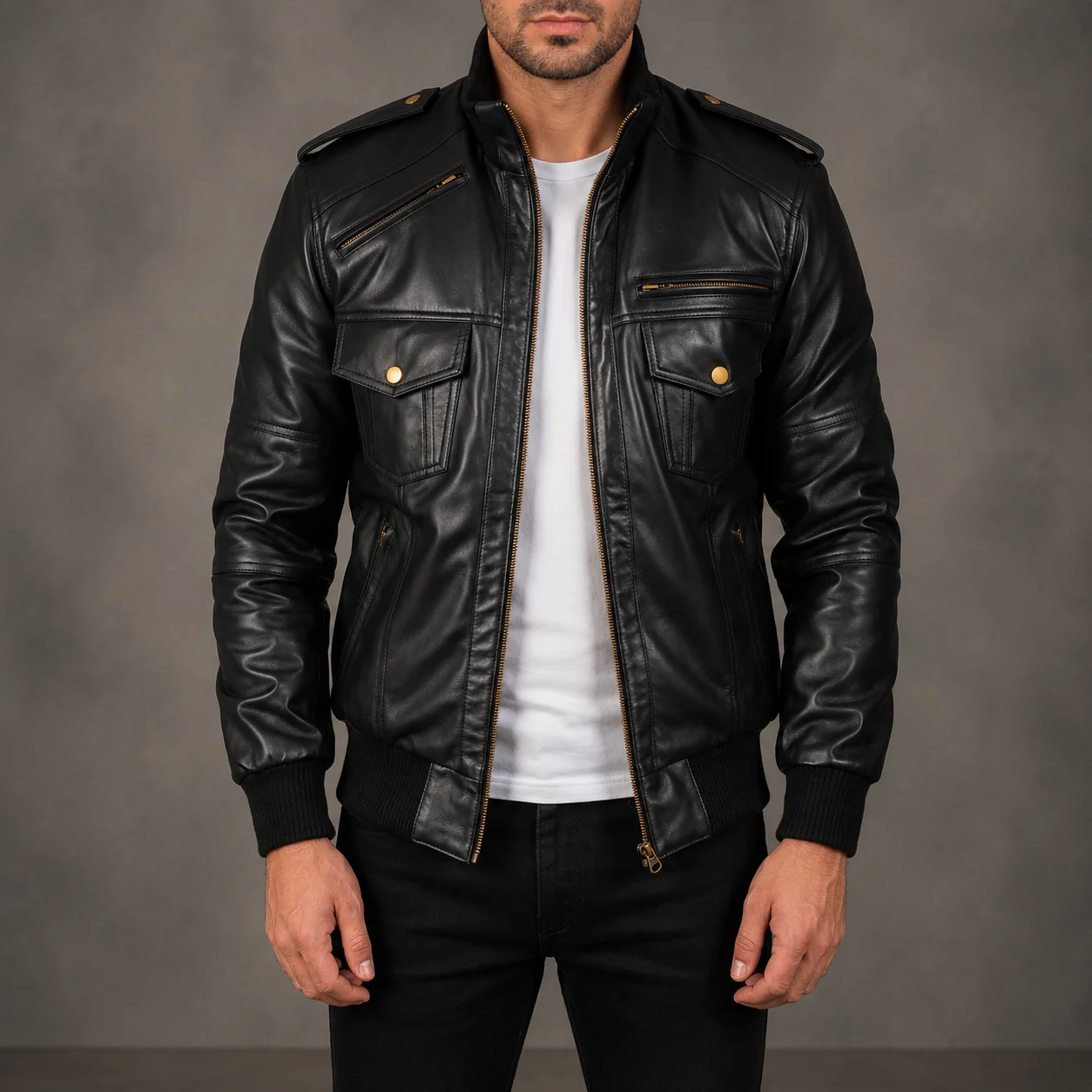 Ranger Black Leather Bomber Jacket