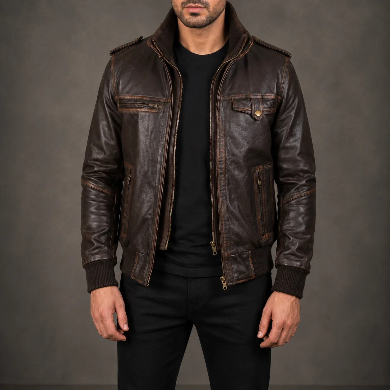 Men's Weston Brown leather bomber jacket crafted from premium genuine leather featuring a rich brown finish, classic bomber silhouette, ribbed trims, durable construction, and timeless everyday style by Jonny N Guys