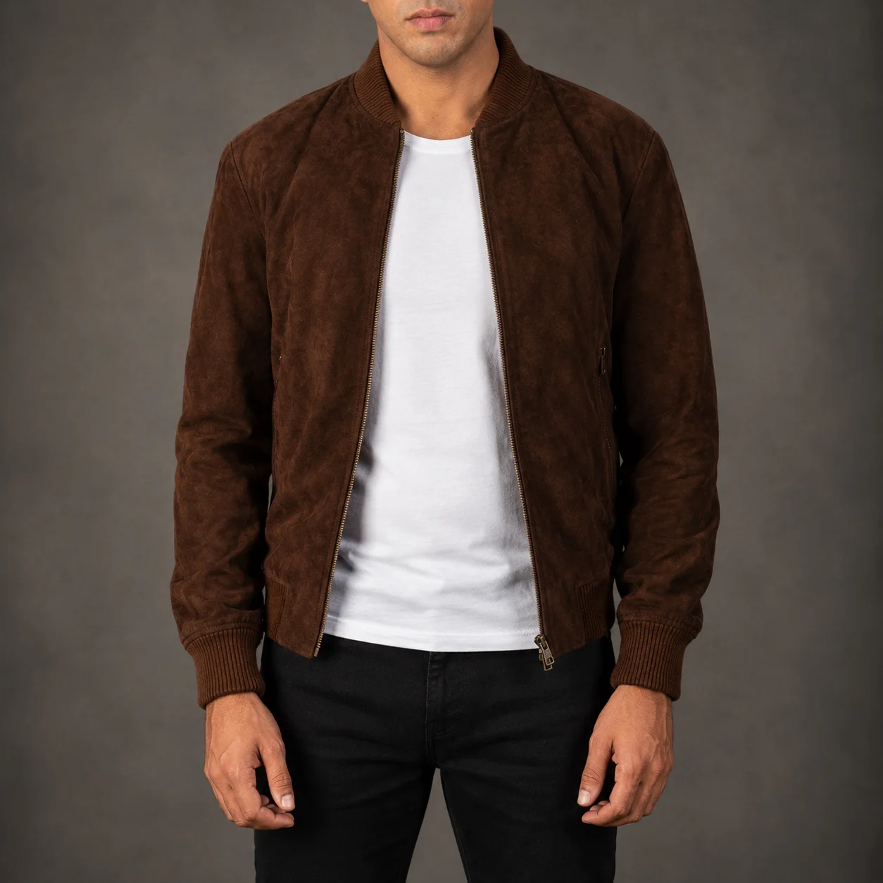 Men's Ashton Mocha suede bomber jacket crafted from premium suede leather featuring a rich mocha finish, classic bomber silhouette, soft suede texture, ribbed trims, and timeless everyday style by Jonny N Guys