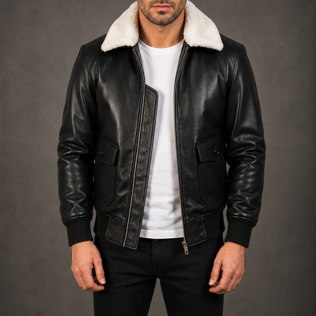 Men's Sterling G-1 black and white leather bomber jacket crafted from premium genuine leather featuring a classic G-1 flight silhouette, contrasting black and white panels, ribbed trims, durable construction, and timeless aviation-inspired style by Jonny 