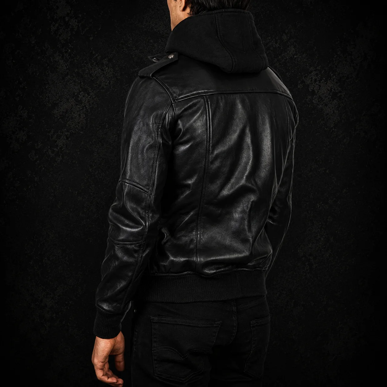 Bravado Black Hooded Leather Bomber Jacket alternate
