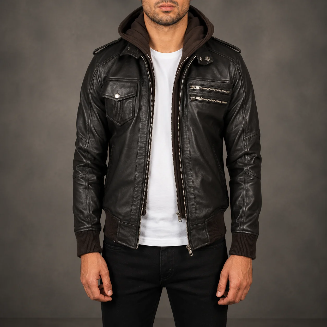 Men's Bravado brown hooded leather bomber jacket crafted from premium genuine leather featuring a rich brown finish, attached hood, classic bomber silhouette, ribbed cuffs, and versatile everyday styling by Jonny N Guys