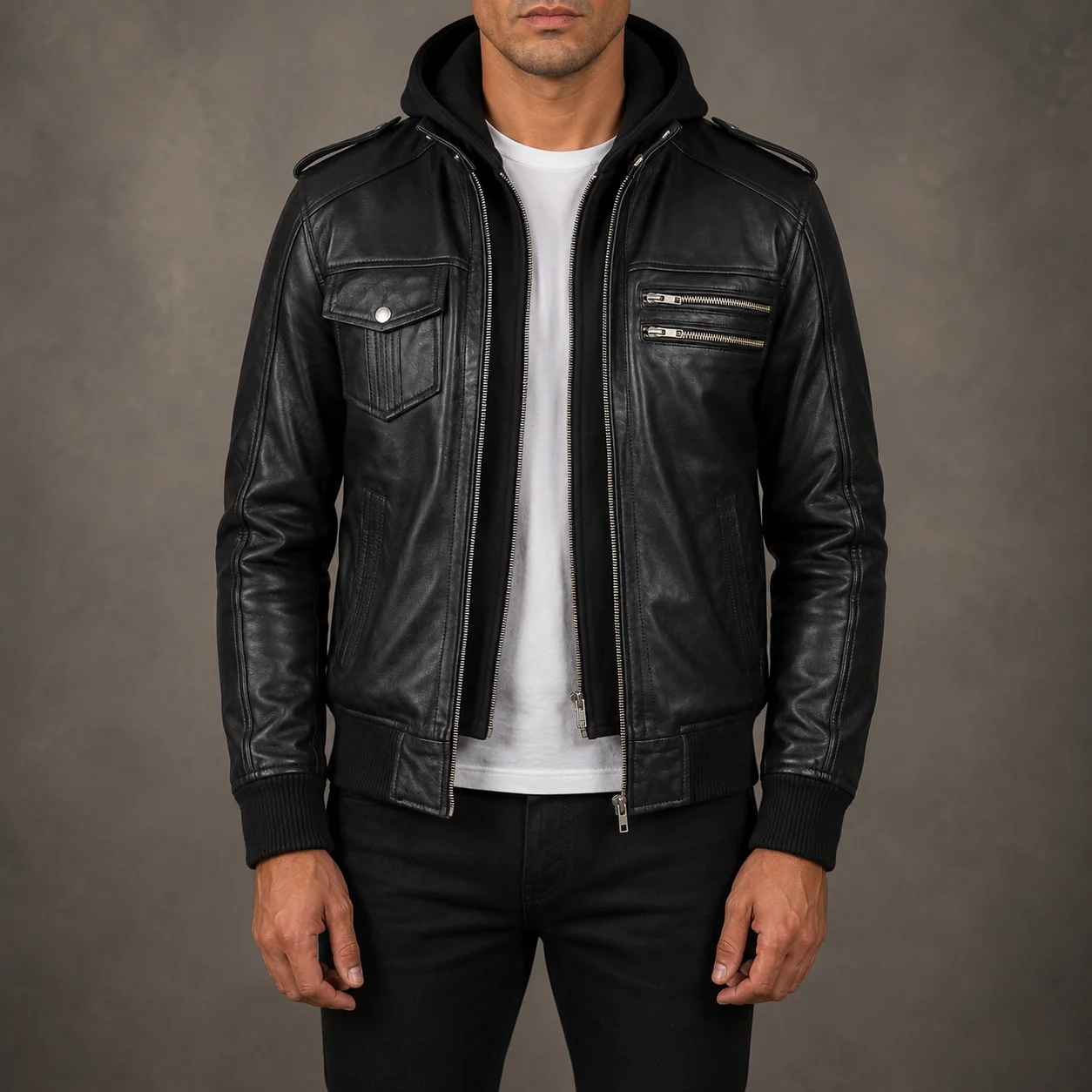 Kingston Black Hooded Leather Bomber Jacket