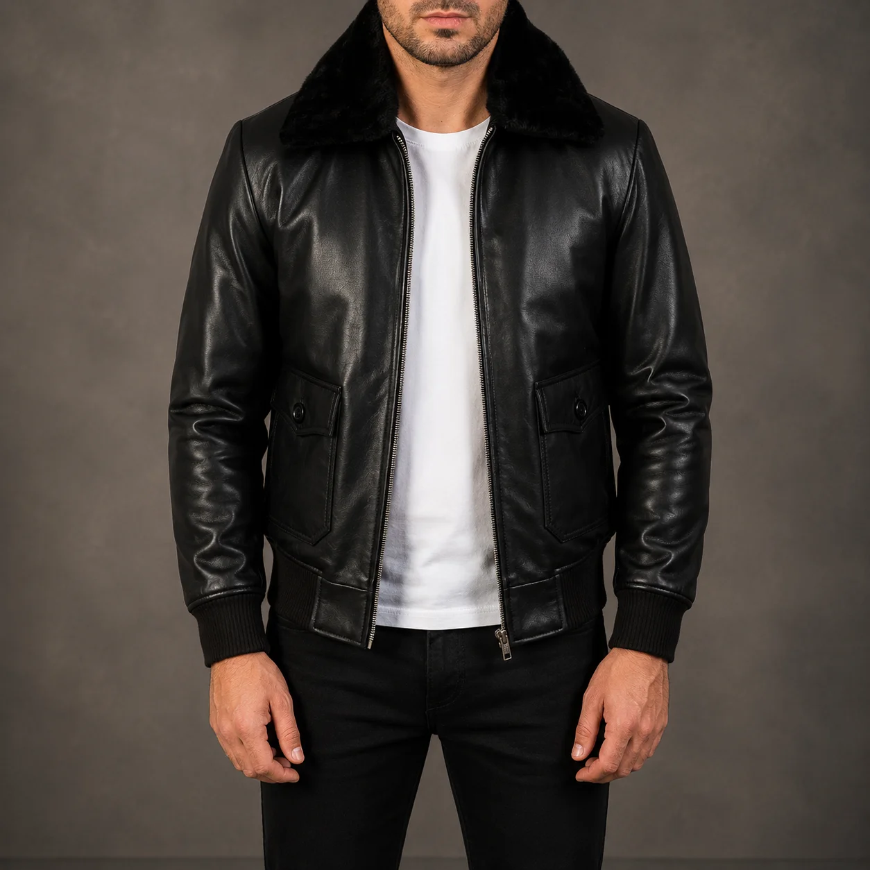 Men's Sterling G-1 black leather bomber jacket crafted from premium genuine leather featuring a classic G-1 flight silhouette, sleek black finish, ribbed trims, durable construction, and timeless aviation-inspired style by Jonny N Guys