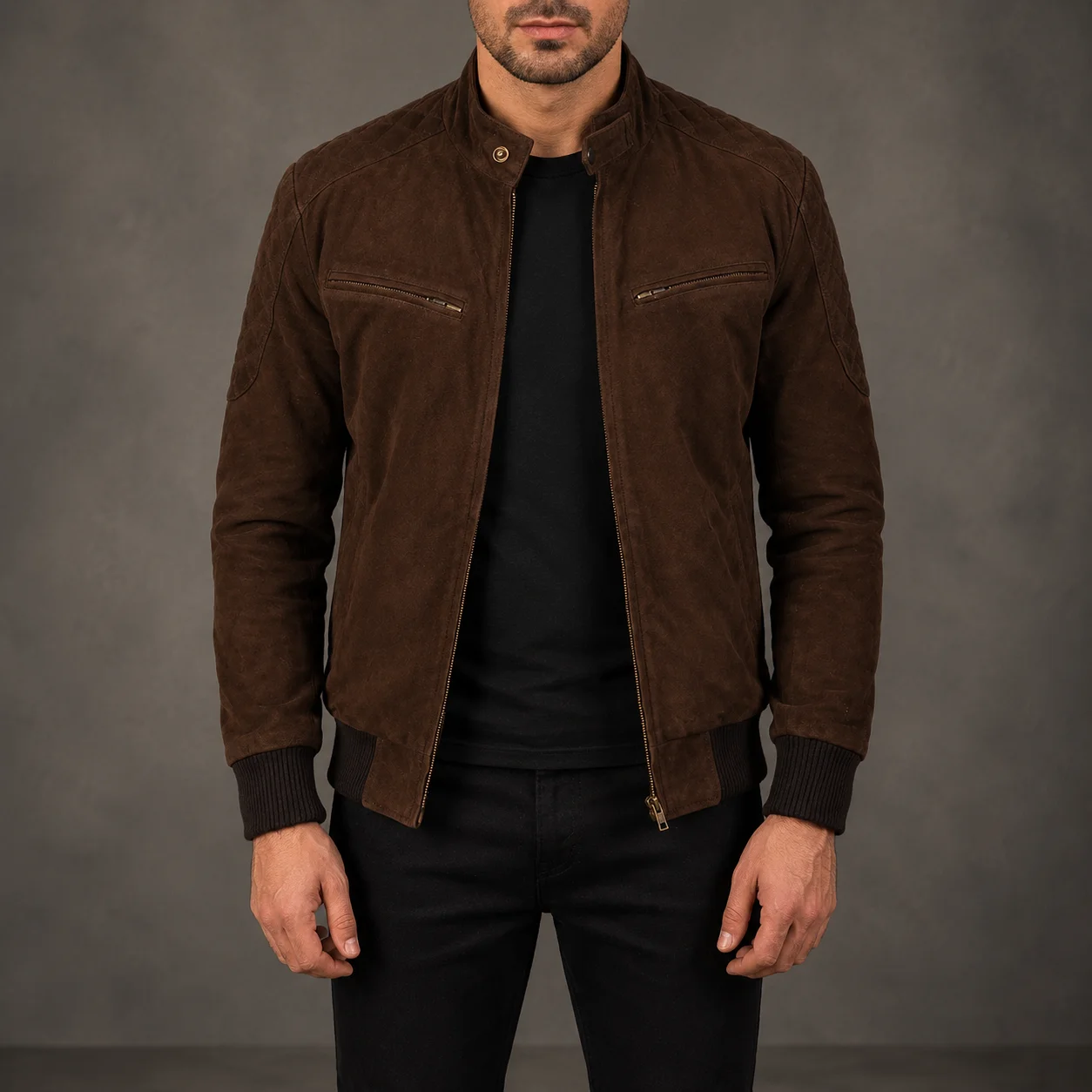 Men's Grayson mocha suede bomber jacket crafted from premium suede leather featuring a rich mocha finish, classic bomber silhouette, soft suede texture, ribbed trims, and timeless everyday style by Jonny N Guys